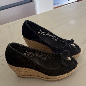 Tory Burch Black Lace Wedge Espadrilles